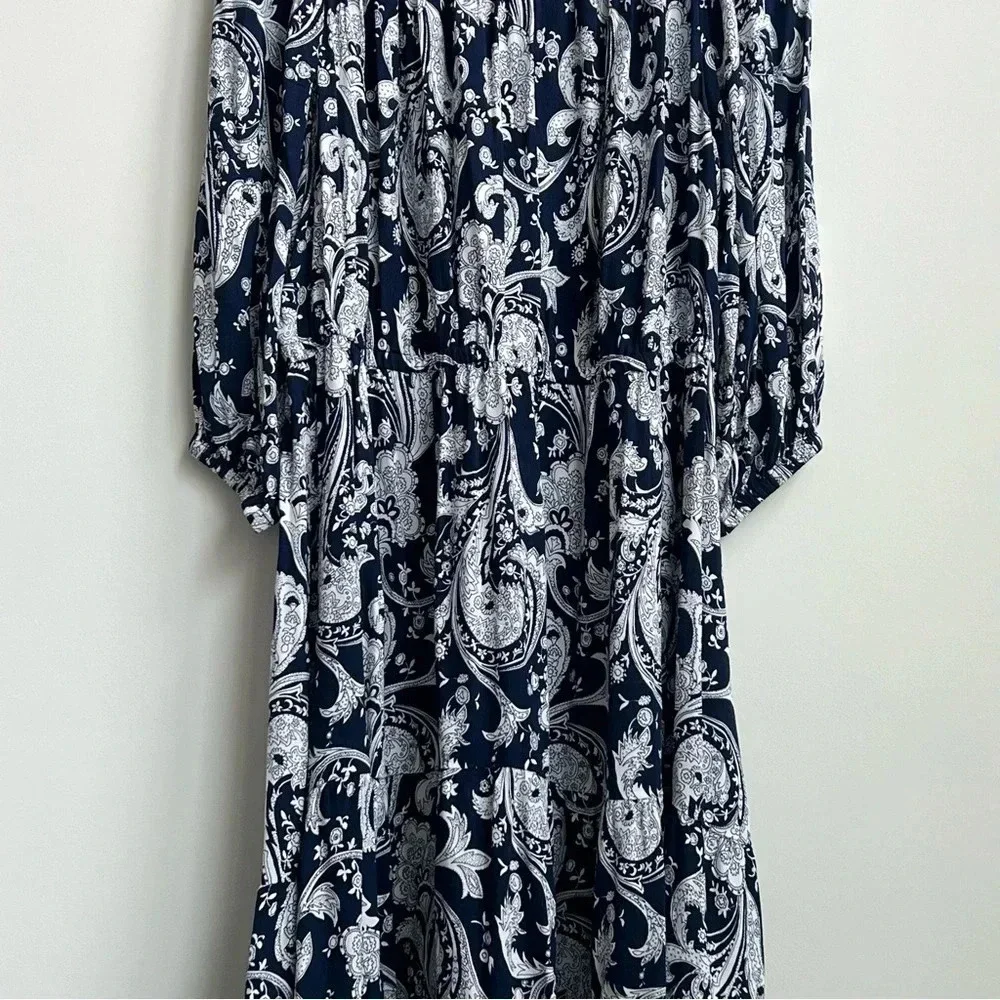 TALBOTS FLOUNCE HEM MIDI DRESS IN BLUE/WHITE PAISLEY 3X Tiered Modest Workwear - Picture 4 of 12